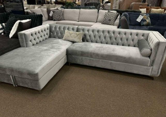 Grey Suede Sofa With Storage Chaise