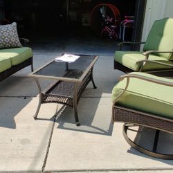 Brand New Wicker And Metal Conversation Set With Swivel And Rock Chairs Coffee Table And Love Seat 