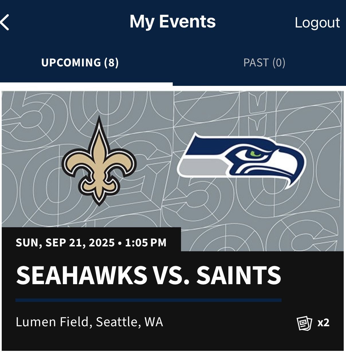 Seahawks vs  Saints  – 2 Tix - Toyota Fan Deck Section 321, Row B (2nd Row), Seats 10 & 11