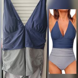New- Holipick Tummy Control Size 20W Navy and White Striped Halter Swimsuit. $20