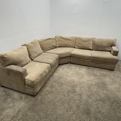 Large Beige Fabric Sectional With Washable Cushions Well Used