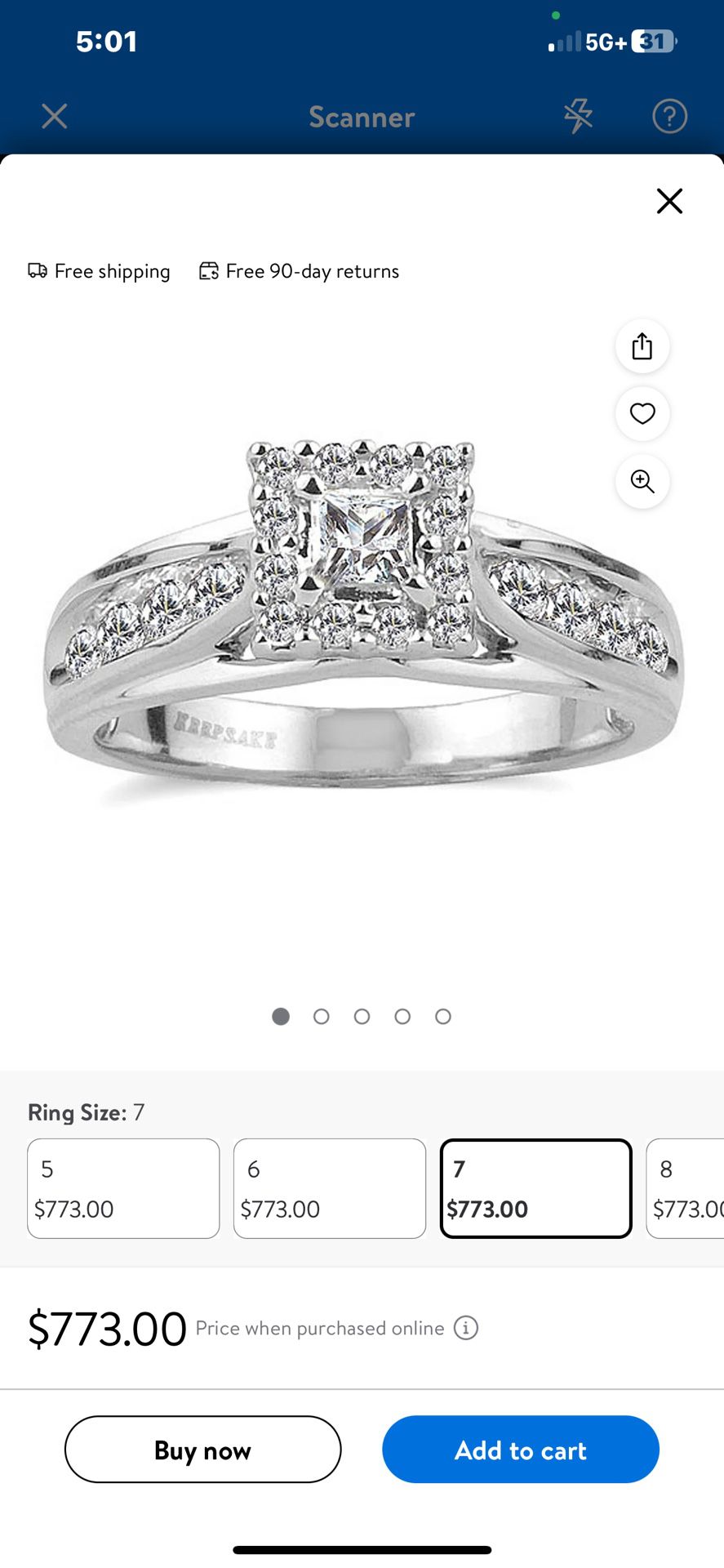 10K White Gold  Princess Cut Diamond Ring