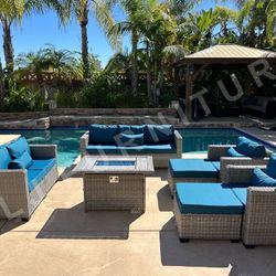 NEW 🔥 Gorgeous 7 Pc Outdoor Patio Furniture Set in Grey HDPE Wicker with 4" Peacock Blue memory foam non slip cushions FULLY ASSEMBLED