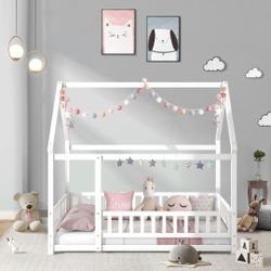 Twin Floor Bed Frame with Fence