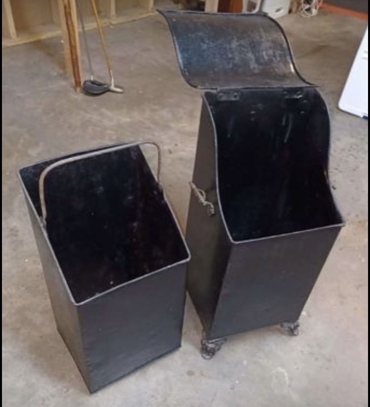 Antique metal coal bin with removable insert, ornate cast feet.