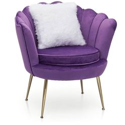 MoNiBloom Upholstered Velvet Accent Chair Elegant Mid-Century Modern Purple Shell Chair w/Cushion and Golden Legs, Retro Leisure Tufted Flower Arm Cha