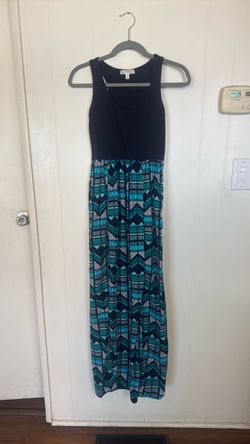 Sleeveless Maxi Dress Black Teal Geometric Print