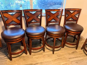 Set of 8 Wood Swivel Bar Stools – X-Back – Padded Seats