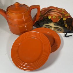 Orange T-Pot and 2 Dishes