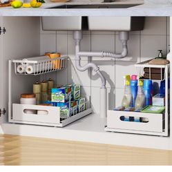 2 Pack Under Sink Organizer, 2 Tier Under Sink Organizers and Storage Multi-Purpose Under Sink Storage for Bathroom Kitchen (White)