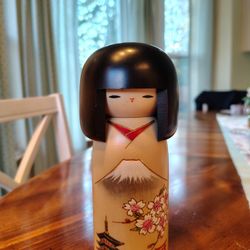 Usaburo Sosaku Japanese Wooden Kokeshi Doll w/Mount Fuji and Cherry Blossoms Signed By Artist