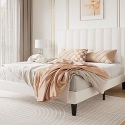SHA CERLIN Queen Bed Frame, Velvet Upholstered Platform Bed Frame, White
with Headboard Strong Wood Slats Support Mattress Foundation No Box Spring Ne