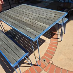 Three Piece Metal-framed wooden Outdoor dining set with benches, USED.