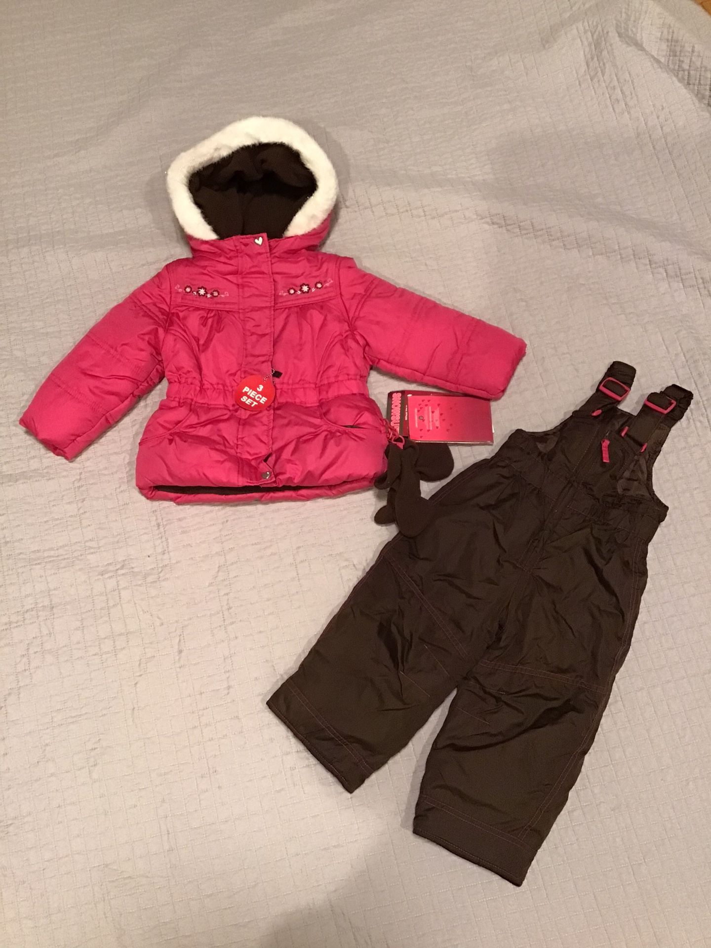 NEW pink winter jacket, bib snow pants, fleece mittens for baby 18 months