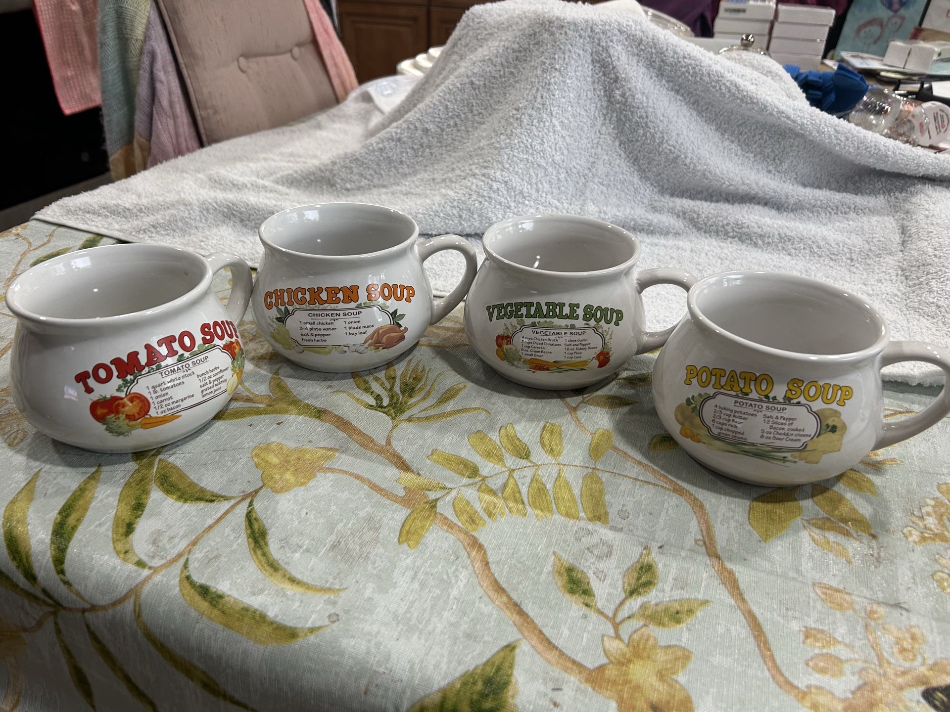 4-Ceramic soup mugs W/ vintage recipes