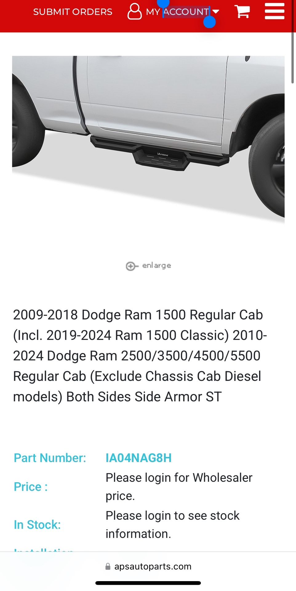 Dodge Ram 2500/2500/3500/4500 Regular Cab Running Board Year 2010-2024