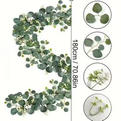 1 PCs / Eucalyptus Garland With White Flowers - Perfect For Home & Holiday Decor, Wall Hanging, Yard, And Party Accents