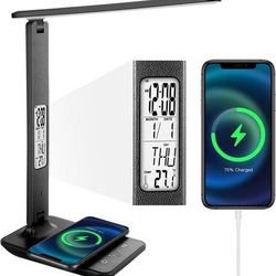 New LED Faux Leather Business Desk Lamp w USB and Wireless Charging, LCD Screen Alarm Date Thermometer