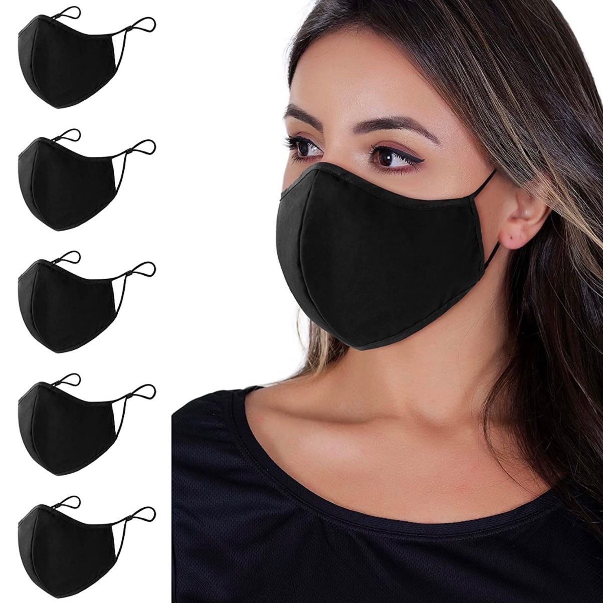 Black Face Mask , 5-Pack Unisex Cloth Washable Reusable Face Cover