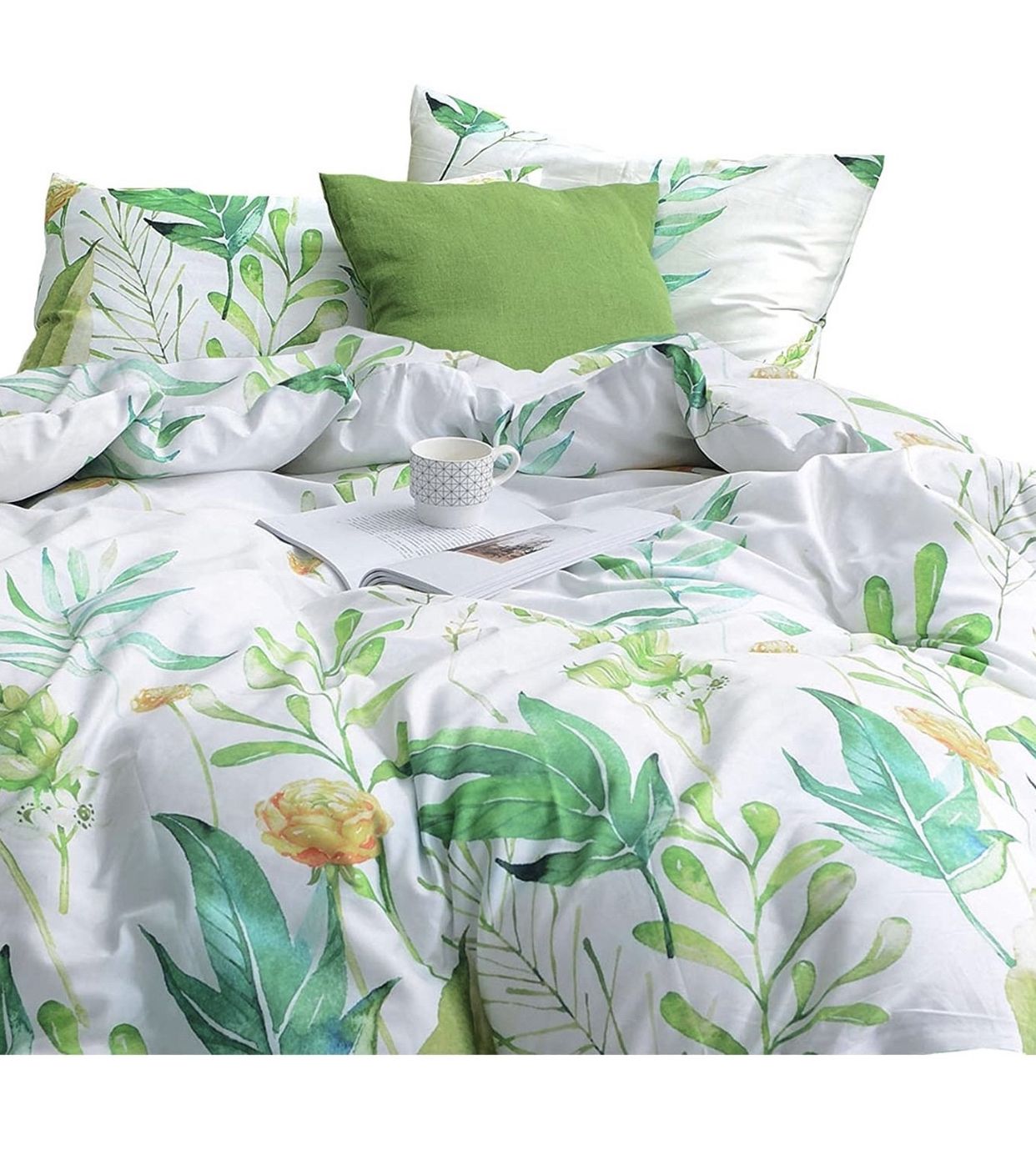 Wake In Cloud - Floral Duvet Cover Set, 100% Cotton Bedding, Botanical Flowers and Green Tree Leaves Pattern Printed on White, with Zipper Closure (3p