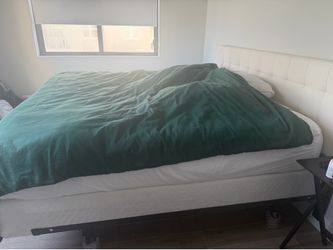 California King Bed Frame with White Headboard, Mattress, & Box