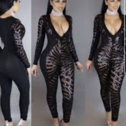Sequin Sexy V Neck Mesh Sheer Sparkly Bodysuit Long Sleeve Party Jumpsuit
