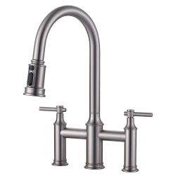 Double Handle Bridge Kitchen Faucet with 3-Spray Patterns and 360 Degrees Rotation Spout in Brushed Nickel
