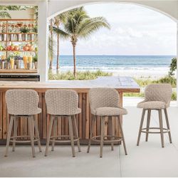 Swivel Outdoor Bar Stools Set of 4, 27" Counter Wicker Patio Chair - Waterproof & All-Weather, Boho Coastal Bar Stools with Backrest for Porch,Kitchen