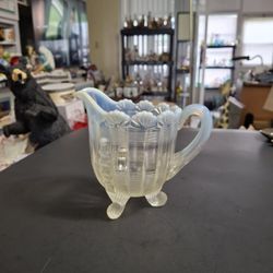 Antique Northwood Glass Co Creamer In Klondyke Pattern Or "Fluted Scrolls" Scalloped, Fluted Scroll Rim In Blue & White Opalescent 4.5"H X 4"W