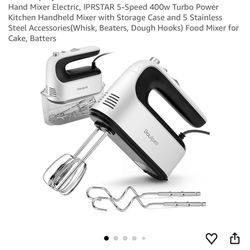 $10-Hand Mixer Electric, IPRSTAR 5-Speed 400w Turbo Power Kitchen Handheld Mixer with Storage Case and 5 Stainless Steel Accessories(Whisk, Beaters, D