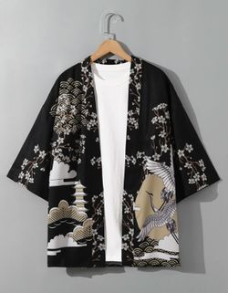 Japanese Style Gold, White, Black Silky Floral Crane Kimono Cardigan SMALL