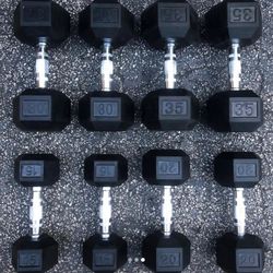 SET OF RUBBER HEX DUMBBELLS (PAIRS OF)  :  15s  20s  30s  35s 
 *   *   *   Will Sell Pairs Individually: 
 5s 10s 25s 40s 45s 50s 55s 60s 65s 70s  Ar