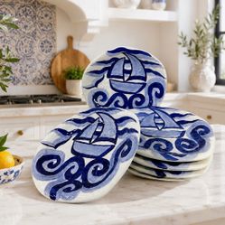 Mariposa Italy Blue Sailboat Hand Painted Coastal Art Pottery Plates  Set Of 6