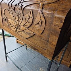 Vintage Solid Wood Carved Chest On Metal Stand