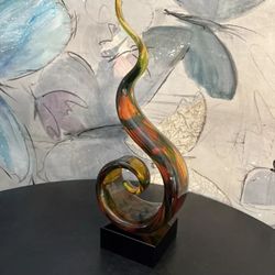 Vintage Murano Style Glass Swirl Ribbon Abstract Sculpture in Browns/Green