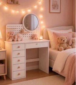 Vanity Desk with Mirror and Lights, Adjustable Color Lighting Bedroom Dresser