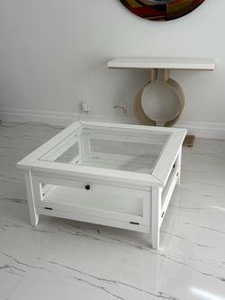White Wood Coffee Table with Glass Top
