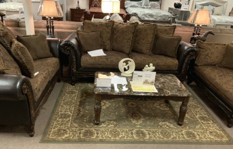 Dark Wood And Leather Living Room Set (sofa And Love Seat)