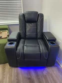 Black Faux Leather Power Home Theater Recliner with LED Lighting