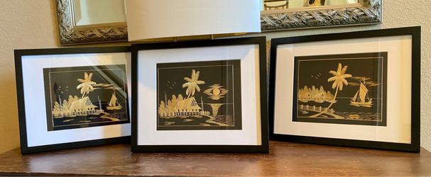 Vintage Tropical Straw Art Set - 3 Framed Pieces