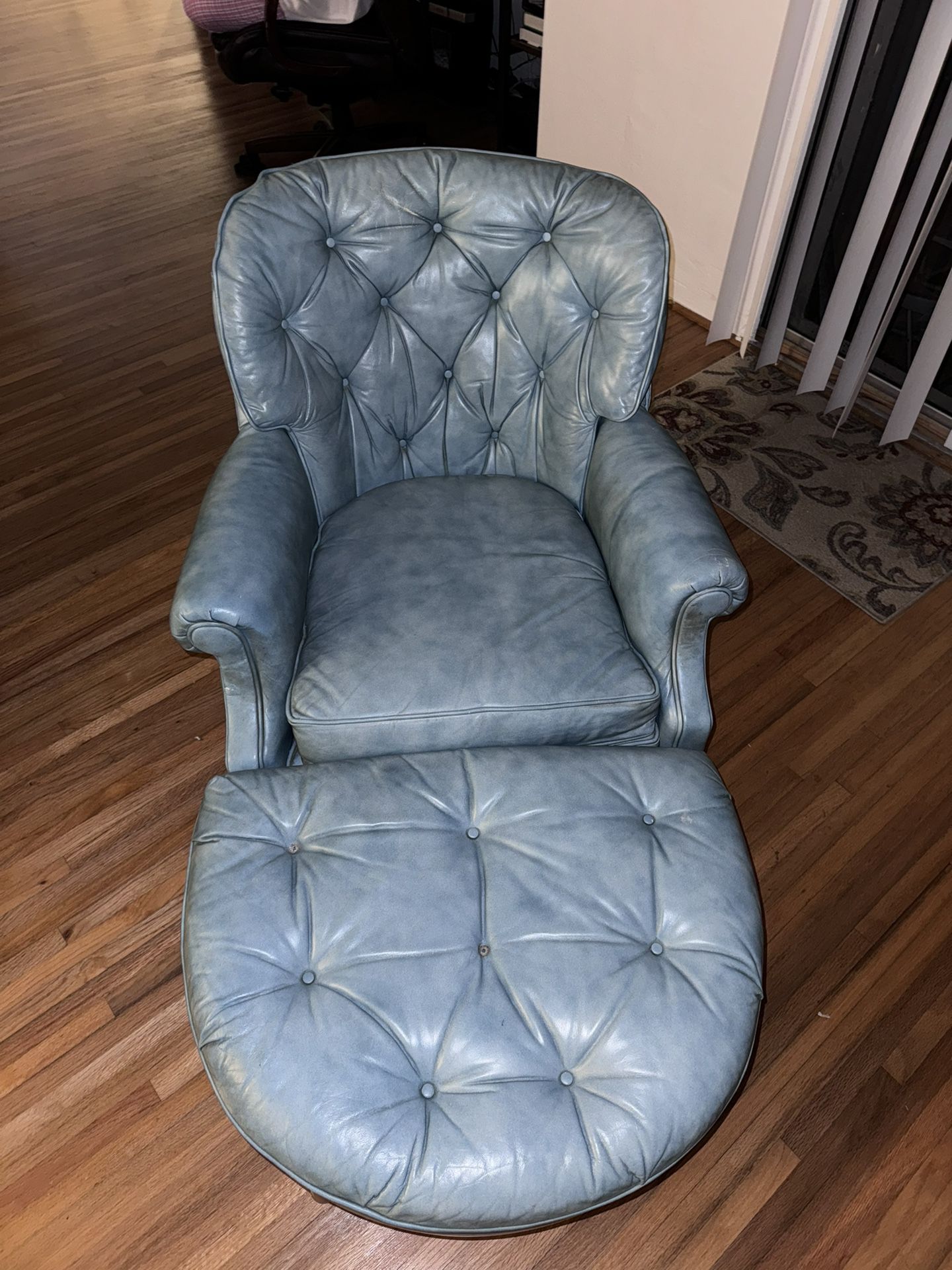 Vintage Teal Leather Chair And Ottoman 