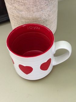 White Ceramic Mug with Red Heart Accents and Red Interior
