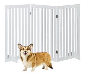 36 inch Pet Dog Gate 3 Panels for Dog Cat Baby, Wooden Dog Door Pet Fence for Doorway, Stairs, Entryway White •
