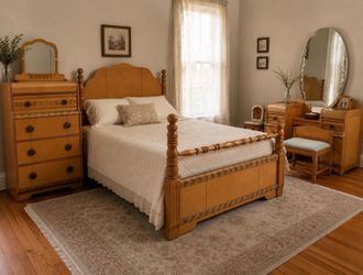 Vintage Mid-Century Waterfall  Bedroom Set, Bed Frame, Chest with Mirror, Vanity & Stool