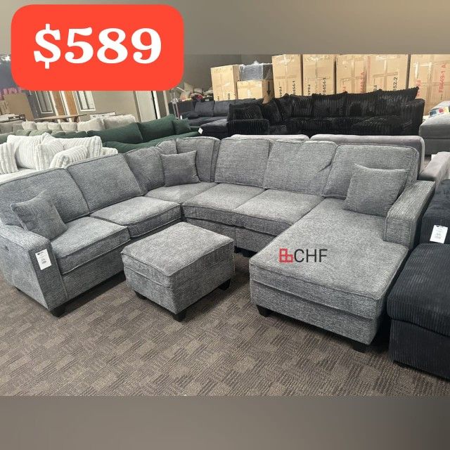 Chenille Sectional Sofa With Ottoman  And USB Port 