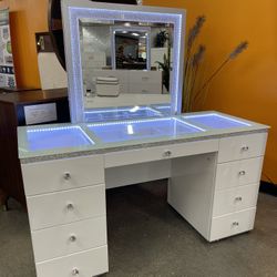 White Vanity With LED lighting, 9 Drawers With Acrylic Handles