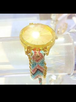 Yaki Women’s Quartz Gold Braided Teal & Pink Adjustable Tie Band Wrist Watch