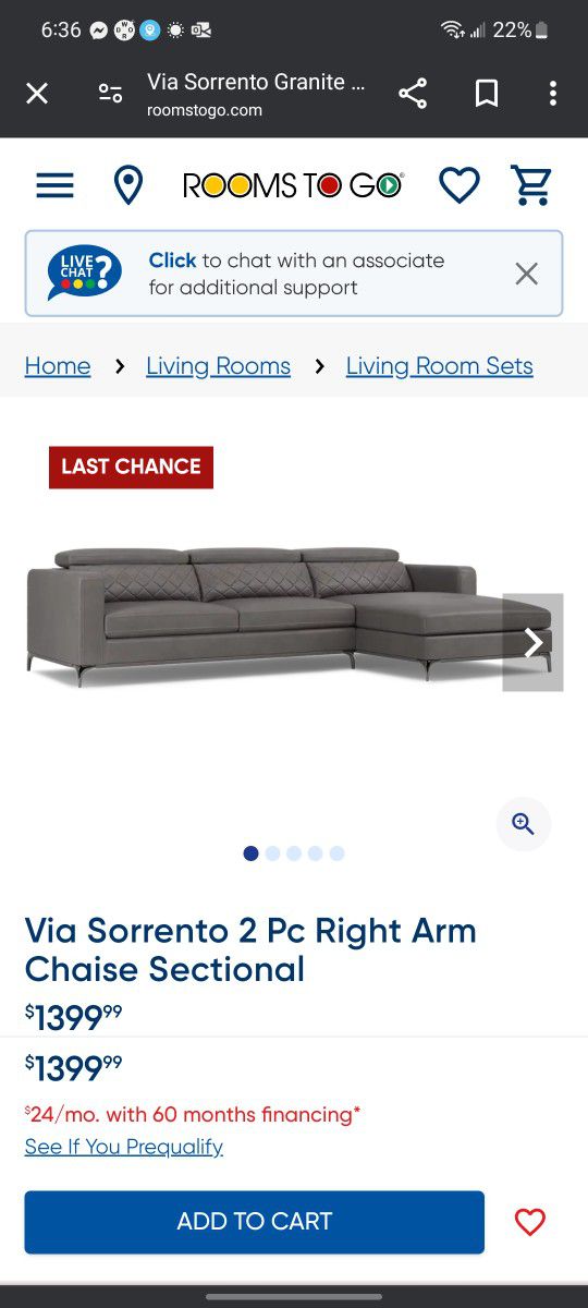 Rooms To Go Via Sorrento 2Pc Right Arm
Chaise Sectional
