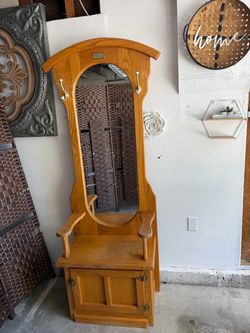White Cap Oak Hall Tree with Mirror and Storage Bench $58