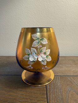 Gold and Cobalt Blue Glass Goblet with Floral Enamel